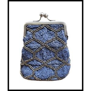 NEW Beaded Kiss Lock Clasp Micro Event Bag Coin Purse Blue Gunmetal Lattice NEW